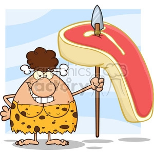 Smiling brunette cave woman cartoon mascot  with a raw steak on a spear