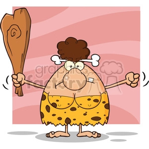 grumpy brunette cave woman cartoon mascot character holding up a fist and a club vector illustration isolated on pink background