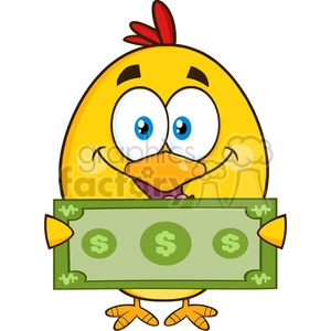 The clipart image shows a cartoon of a yellow chick with a red crest and wings, big blue eyes, and an orange beak and feet. The chick is happily holding a dollar bill.