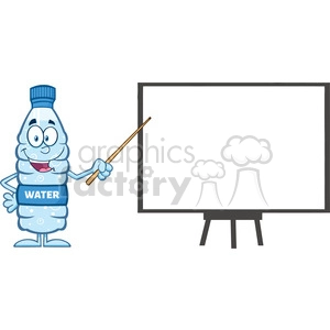 royalty free rf clipart illustration talking water plastic bottle cartoon mascot character using a pointer stick by a presentation board vector illustration isolated on white