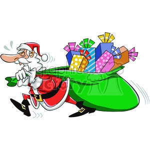 santa pulling a huge bag of gifts cartoon