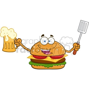 illustration happy burger cartoon mascot character holding a beer and bbq slotted spatula vector illustration isolated on white