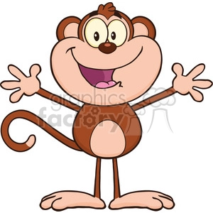 A cheerful cartoon monkey with brown fur and wide eyes, standing with arms open and a big happy smile.