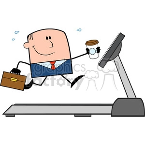 Cartoon image of a businessperson running on a treadmill while holding a coffee cup and a briefcase.