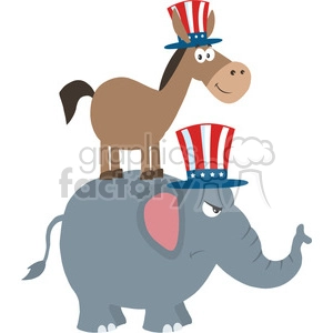 Cartoon illustration featuring a donkey and an elephant wearing Uncle Sam hats, representing the Democratic and Republican parties in the United States.