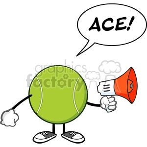 tennis ball faceless cartoon mascot character an announcement into a megaphone with speech bubble and text ace vector illustration isolated on white background