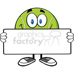 tennis ball cartoon mascot character holding a blank sign vector illustration isolated on white