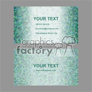 This clipart image features a customizable business card template with a pixelated green and blue background. The template includes placeholders for text such as contact information, email address, street address, and website URL.
