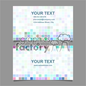 A pair of modern, colorful business cards with a mosaic-style design on the top and bottom edges. The central area is white with placeholder text for contact details including phone number, email, address, and web address.