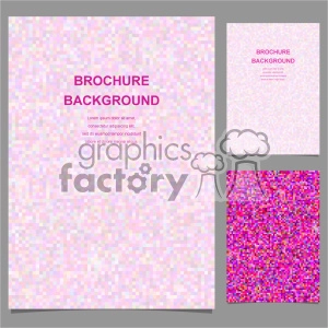 Three brochure backgrounds featuring pink and purple pixelated patterns. The main brochure design has a pastel pixelated background with placeholder text at the center. The other two designs feature similar pixelated patterns in varying intensities.