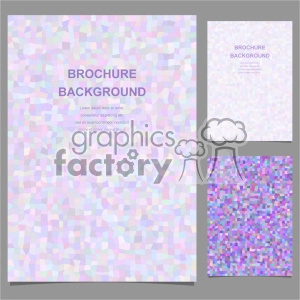 The clipart image shows three variations of abstract brochure backgrounds with pastel-colored, mosaic-like patterns. The colors are soft and predominantly include shades of pink, purple, blue, and green. The top left design features a larger central area with the text 'BROCHURE BACKGROUND,' and placeholder text beneath it. The top right design is a smaller version of the same pattern and text layout, and the bottom right design showcases a more densely packed variation of the mosaic pattern with no text.