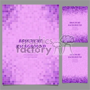 This clipart image features a set of purple brochure backgrounds with a gradient mosaic design. The backgrounds have a mix of various shades of purple squares creating a pixelated effect. The main text on the backgrounds reads 'BROCHURE BACKGROUND' with placeholder text below.