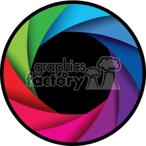 A colorful, abstract clipart image depicting a circular shutter or aperture with overlapping segments in gradient colors (green, blue, purple, red, and pink).