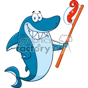 The image is a cartoon-style clipart featuring an anthropomorphic shark. The shark is standing upright on its tail fins and has a very friendly and happy expression. It is holding a large toothbrush in one fin, and the toothbrush has a squeeze of toothpaste on it that's shaped like a fish. The shark has large, cartoonish eyes that give it a humorous appeal, and its mouth is open revealing a row of white teeth, emphasizing the theme of oral hygiene.