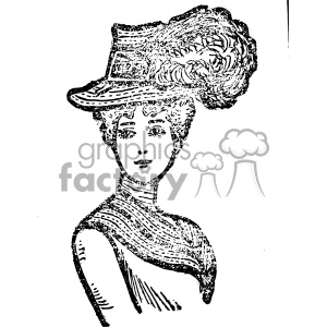 Vintage clipart image of a woman with a large, elaborate hat featuring feathers and a stylish, patterned scarf.