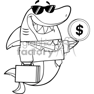 The clipart image features a cartoon shark character. This shark is anthropomorphized, displaying human-like qualities such as standing upright. It's wearing sunglasses, a business suit, a tie, and carrying a briefcase, which suggests it represents a businessperson or professional. The shark is also holding a coin with a dollar sign symbol on it, hinting at a theme related to finance, business, or money.