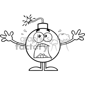 A black and white clipart image of a cartoon bomb with a lit fuse, arms extended, and an anxious expression.
