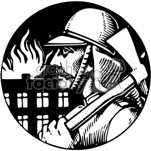 Vintage Firefighter with Axe and Burning Building