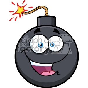 A cartoon illustration of a black bomb with a smiling, happy face and a lit fuse.