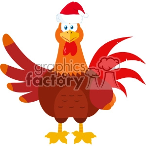 This clipart image portrays a cartoon rooster standing upright, designed as a funny character or mascot. The rooster character has a bright red comb and wattle, a brown body with notable wing feathers, and a vibrant red tail. Its legs are yellow with three-toed feet, and it is wearing a Santa hat, which indicates a seasonal or holiday theme.