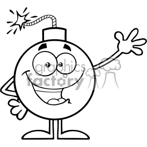 Black and white clipart of a cartoon bomb with eyes, a smiling face, and limbs, waving with one hand.
