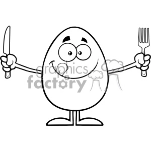10937 Royalty Free RF Clipart Black And White Cute Egg Cartoon Mascot Character Licking His Lips And Holding Silverware Vector Illustration