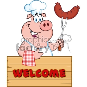 Cartoon Pig Chef Welcoming Guests to Restaurant