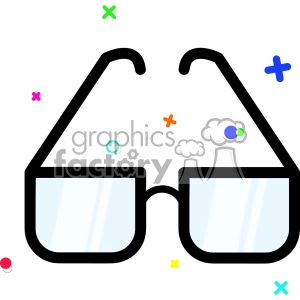 Colorful clipart image of black-framed glasses with various colored shapes and dots in the background.