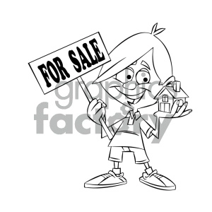 black and white cartoon guy holding a house for sale