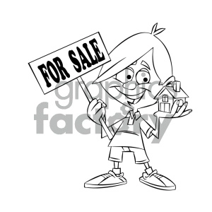 Clipart image of a happy cartoon character holding a 'For Sale' sign and a small house model.