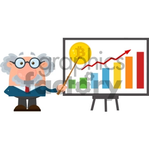 Professor Or Scientist Cartoon Character With Pointer Discussing Bitcoin Growth With A Bar Graph Vector Illustration Flat Design Isolated On White Background