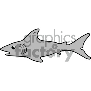 This clipart image depicts a simplified, cartoon-style illustration of a shark. The shark is grey with visible fins, gills, and an eye. Its body is streamlined, and it has a pointed snout.