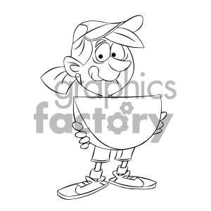 A black and white cartoon-style clipart image of a smiling boy wearing a cap, holding a large slice of watermelon