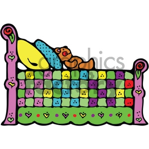 Colorful Bed with Patchwork Quilt and Teddy Bear