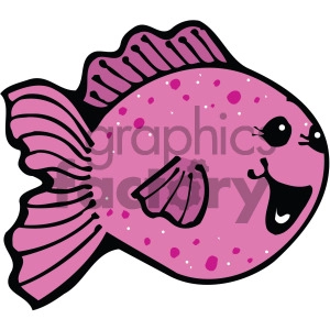 This image is a cartoon representation of a pink fish with purple spots and accents. The fish is stylized with a playful facial expression featuring wide eyes and a smiling mouth.