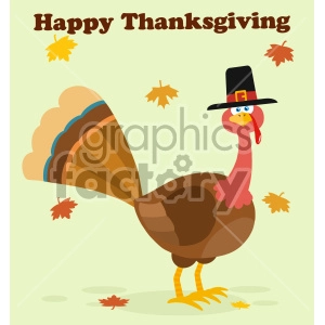 Thanksgiving Turkey Bird With Pilgrim Hat Cartoon Character Vector Illustration Flat Design With Background Autumn Leaves And Text Happy Thanksgiving