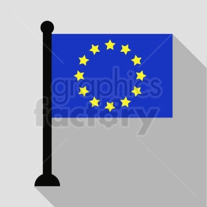 This clipart image displays a stylized representation of the European Union (EU) flag. The flag is depicted as hanging from a flagpole, showing a dark blue field with a circle of twelve golden stars in the center.