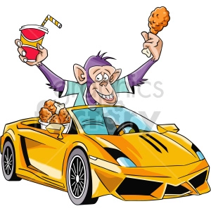 Happy Monkey Driving Luxury Car with Fried Chicken and Drink - Fun