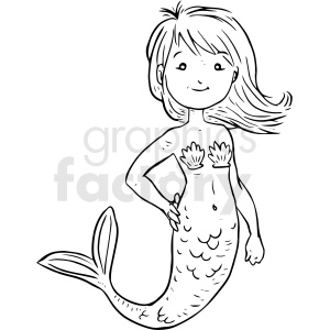 A black and white clipart image of a cartoon mermaid with long hair and seashells for a top.