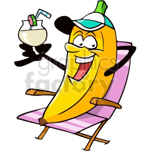 The clipart image shows a cartoon banana sitting in a lounge chair, holding a straw and drinking a beverage, possibly a summer drink. The scene appears to be set in a tropical or beach location, as indicated by the palm tree leaves in the background.
