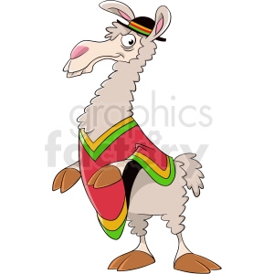 This clipart image features a cartoon animal that appears to be a llama. The llama is standing upright and has a whimsical, playful design with exaggerated features. It's wearing a colorful saddle or blanket with red as the primary color and green and yellow trim, and it has a headband with a similar color pattern. The llama has a long neck, large eyes with a humorous expression, and its fur is drawn with a fluffy texture around the neck and its legs end in stylized hooves.