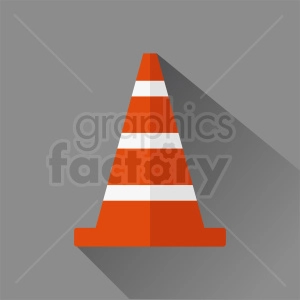This clipart image features an orange traffic cone with white stripes on a gray background. The traffic cone has a long shadow extending to the right.