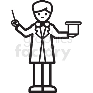 A black-and-white clipart image of a magician wearing a bow tie and tuxedo, holding a magic wand in one hand and a top hat in the other.