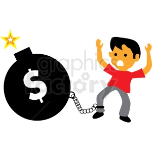 The clipart image shows a cartoon depiction of a ticking time bomb with a lit fuse. This represents the idea of a "debt bomb" - a situation where someone has accumulated a large amount of debt that may become unsustainable and potentially lead to financial ruin. In this case, the debt is represented by the stacks of money and credit cards.
