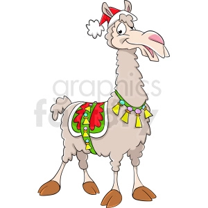The clipart image shows a cartoon llama with a comedic expression, decorated for Christmas. The llama is wearing a red Santa hat with a white trim and pompom, a decorative saddle featuring a green and red design possibly resembling a Christmas ornament, and a collar adorned with colorful beads and yellow tassels.