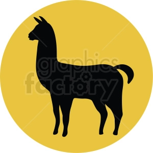 This image features a black silhouette of a llama on a yellow background. The llama is depicted in a side profile, standing upright with its distinctive long neck, ears, and curved tail visible.