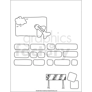 Clipart image of various hand-drawn doodles including an airplane flying in the sky with clouds, a set of miscellaneous rectangular shapes, and construction barriers.