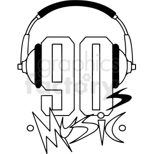A black and white clipart image featuring large headphones over the number '90' with the word 'music' written in a stylized font beneath it, representing 90s music.