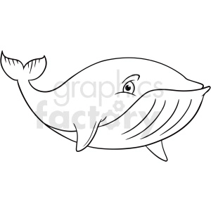 The clipart image depicts a black and white cartoon whale, commonly found in the ocean as part of sea life.