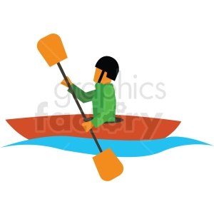 A clipart image of a person kayaking on water. The person is wearing a green outfit and a black helmet, paddling with an orange double-ended paddle in a red kayak on blue water.